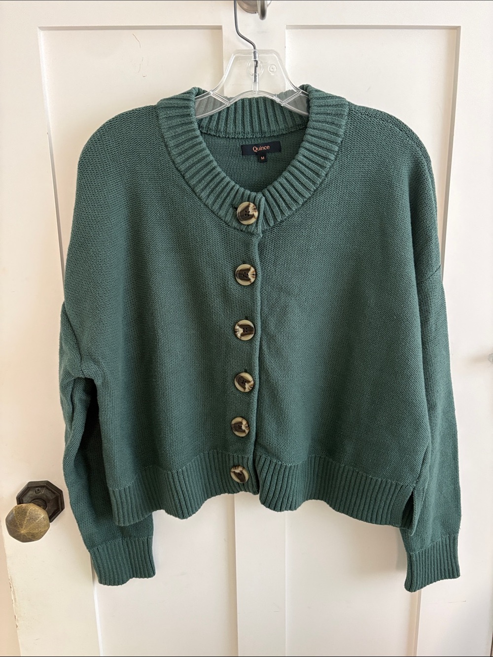 EUC Quince Organic Cotton Knit Green Button Front Cropped Cardigan Sweater M